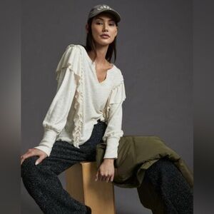 Pilcro & the Letterpress Cream Long Sleeve Top V Neck Ruffled Size M